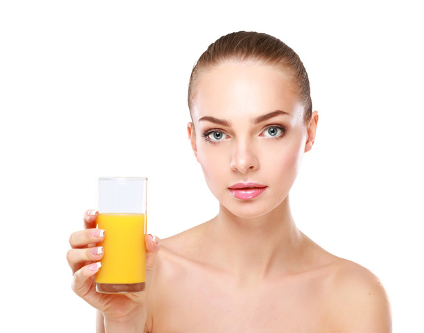 young woman with orange juice, isolated on white background - Fotoğraf, Görsel