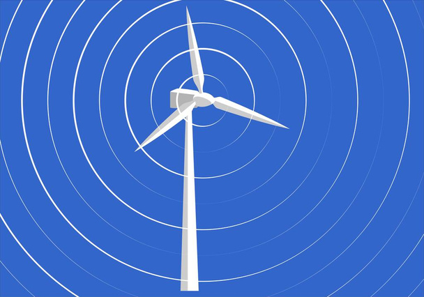 Weiße Windturbine auf blauem Hintergrund mit weißen konzentrischen Kreisen im Bewegungssignal. Nachhaltige, erneuerbare, alternative und saubere Energiequellen Ohne Kohlenstoff - Vektor, Bild