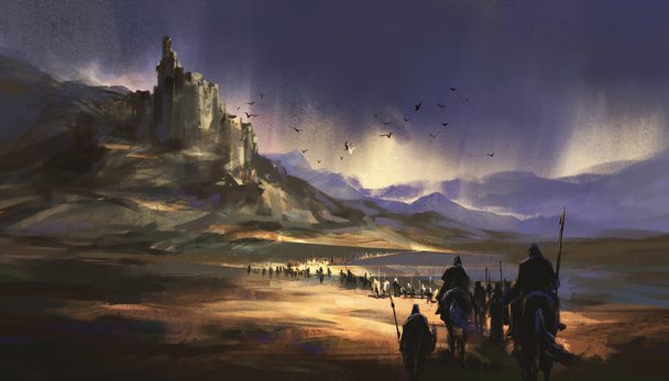 Une légion marchant vers le château médiéval, illustration 3D. - Photo, image