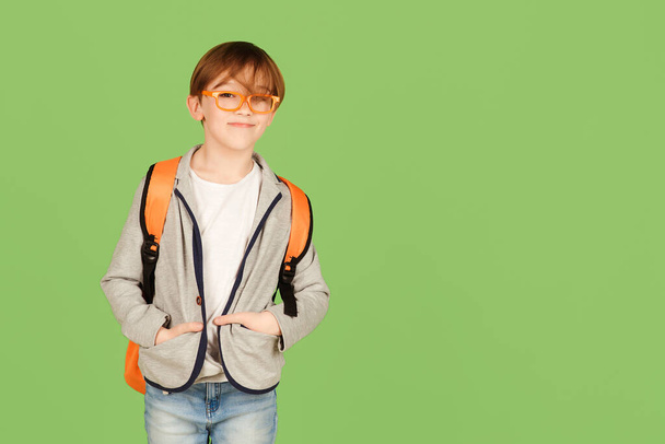 Handsome boy with backpack ready to study. Back to school concept. Cute school kid in glasses over green background. Boy wearing stylish clothes. Elementary school and education. School kid in class - Fotoğraf, Görsel