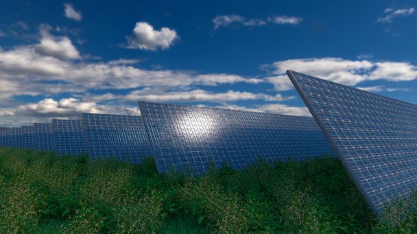 Сонячна панель фону фотоелектричних модулів для поновлюваних джерел енергії. Хмари і блакитне небо у дзеркалі. Альтернативне джерело електроенергії. 3D візуалізація. 3d ілюстрація
 - Фото, зображення