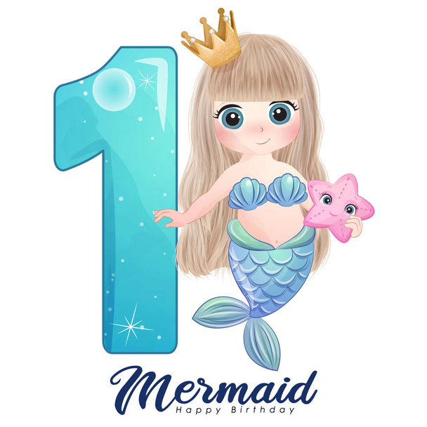 Cute doodle mermaid with number for birthday party illustration - Vector, Image