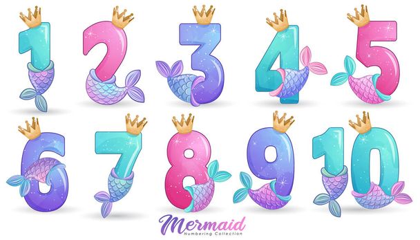 Cute mermaid style numbering for birthday party illustration set - Vector, Image