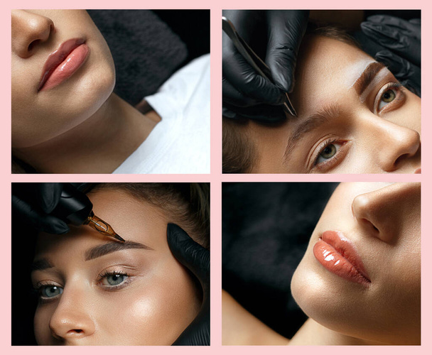 Permanente make-up collage: close-up foto 's van het proces van het aanbrengen van permanente make-up - Vector, afbeelding