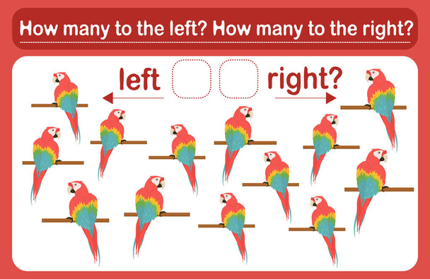  Ein Logikspiel für Kinder namens Links oder Rechts. Raumorientierung mit Papageien. Trainingsbogen. Zählen Sie, wie viele Papageien nach links und wie viele nach rechts gedreht werden. - Vektor, Bild