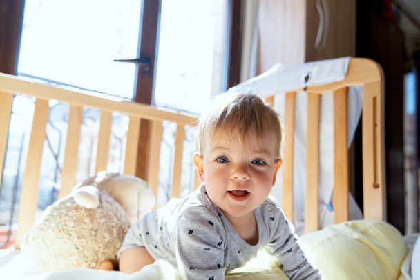 Маленький ребенок стоит на коленях в деревянной кроватке на фоне большой плюшевой овцы - Фото, изображение