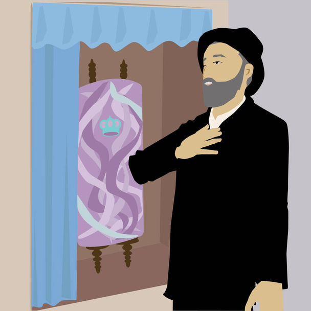 Postava ultra ortodoxního, náboženského, všímavého Žida, který si položil ruku na srdce pod přísahu, vedle otevřené archy se stojícím svitkem Tóry.Vektorová kresba. - Vektor, obrázek