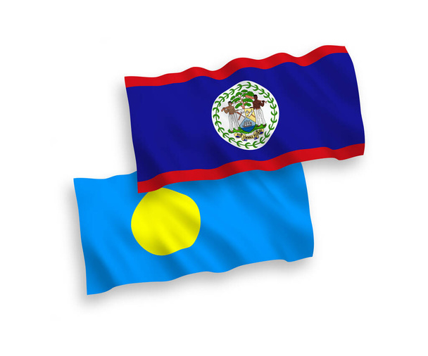 Nationale vector weefsel golf vlaggen van Belize en Palau geïsoleerd op witte achtergrond. 1 tot 2 proporties. - Vector, afbeelding