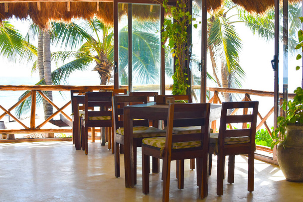 sea view from the restaurant. sea breakfast. beach village cafe. - Фото, изображение