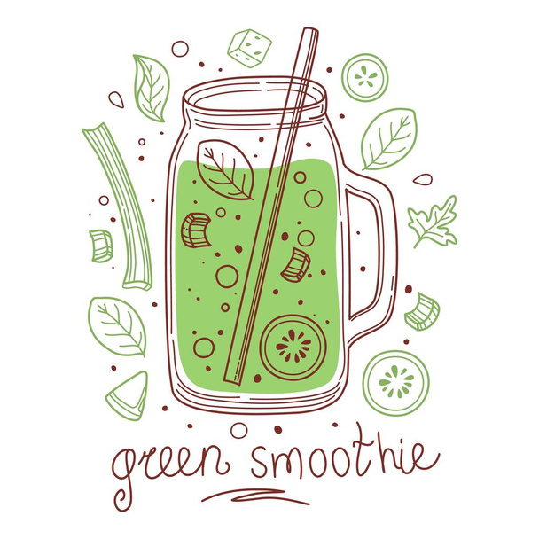 Letní zelený detoxikační nápoj, ovocné koktejly, organickou limonádu ve skleněné láhvi, sklenici a džbány se slámou. Osvěžující letní domácí nápoje. Barevné ploché vektorové ilustrace izolované bílé pozadí - Vektor, obrázek