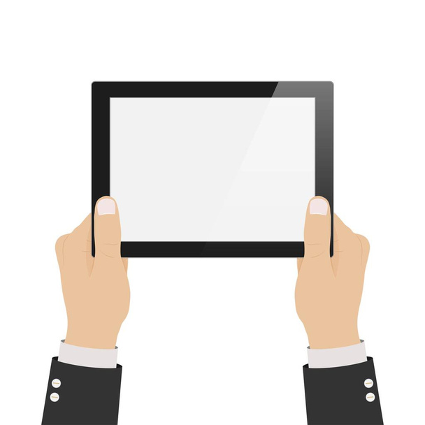 Biznesmen trzymać tabletkę z pustym białym ekranem. Ręce trzymaj laptopa. Projekt szablonu banera internetowego, strona internetowa, infografika Ilustracja wektorowa - Wektor, obraz