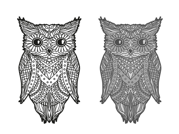 Owl on isolated white. Detailed hand drawn line bird with abstract patterns on isolation background. Abstract ornate character. Different color options - ベクター画像