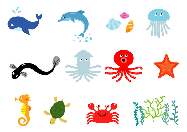 Ilustrovaná sada různých mořských tvorů, jako jsou velryby, chobotnice a chobotnice. - Vektor, obrázek