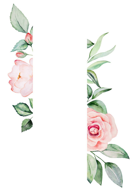 Aquarelle fleurs roses et feuilles vertes carte cadre, illustration pastel romantique avec fond aquarelle. Pour papeterie de mariage, salutations, papier peint, mode, affiches - Photo, image