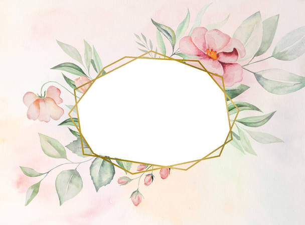 Acuarela flores rosadas y hojas verdes marco tarjeta, romántica ilustración pastel con fondo de acuarela. Para papelería de boda, saludos, fondo de pantalla, moda, carteles - Foto, Imagen