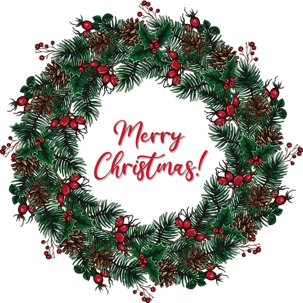 クリスマスリース、白い背景にローズヒップコーンと雪のクリスマスツリーの枝のガーランド。お土産、お祝い、バナー、新年のはがき. - ベクター画像