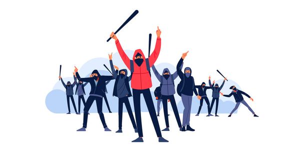 Hooligans with a bat and a Molotov cocktail attack and fight during riots on the street city. Protesters throw stones and smoke bombs at police officers. Flat vector illustration - Vector, Image