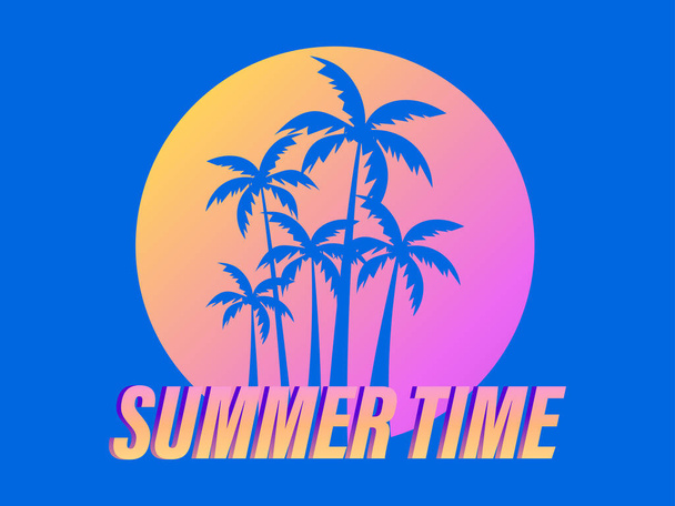 Summer time. Palm trees against a gradient sun in the style of the 80s. Synthwave and retrowave style. Design for advertising brochures, banners, posters, travel agencies. Vector illustration - Vector, Image