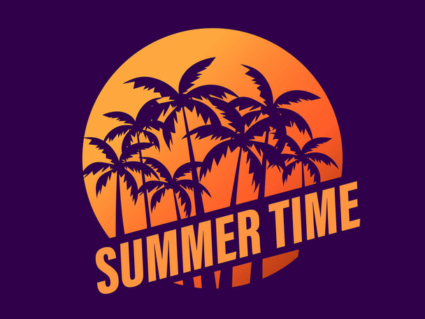 Summer time. Palm trees against a gradient sun in the style of the 80s. Synthwave and retrowave style. Design for advertising brochures, banners, posters, travel agencies. Vector illustration - Vector, Image