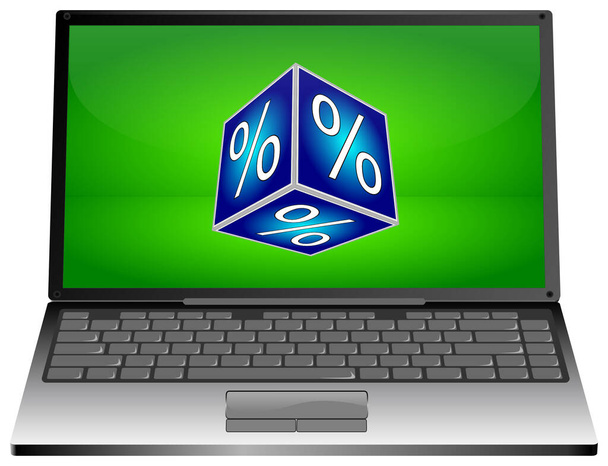 Laptop-Computer mit Discount-Taste auf grünem Desktop - 3D-Illustration - Foto, Bild