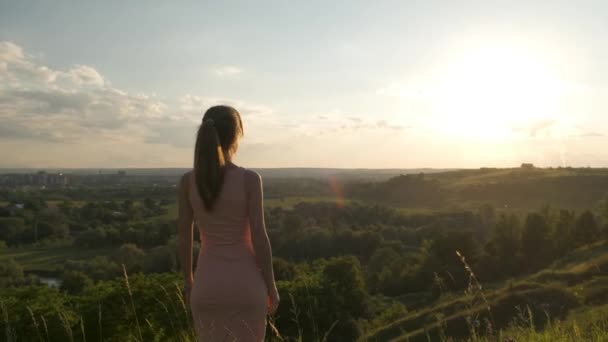 Νεαρή γυναίκα στέκεται στο πράσινο πεδίο κοιτάζοντας το ηλιοβασίλεμα στη φύση βράδυ. έννοια χαλάρωσης και διαλογισμού. - Πλάνα, βίντεο