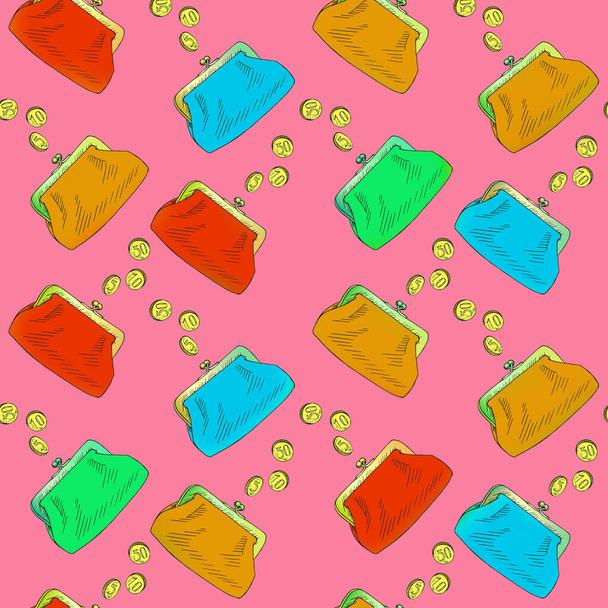 Kolorowe torebki ze złotymi monetami, ręcznie rysowany szkic doodle, bezszwowy wzór wzór na różowym tle - Zdjęcie, obraz