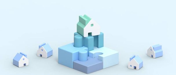 Immobilienwirtschaft. Marktführer Immobilienwirtschaft und kleine Housing Concept mit finanziellen Verbindungsideen durch Puzzlesymbole auf blauem Hintergrund. Kopierraum, Banner - 3D-Rendering - Foto, Bild