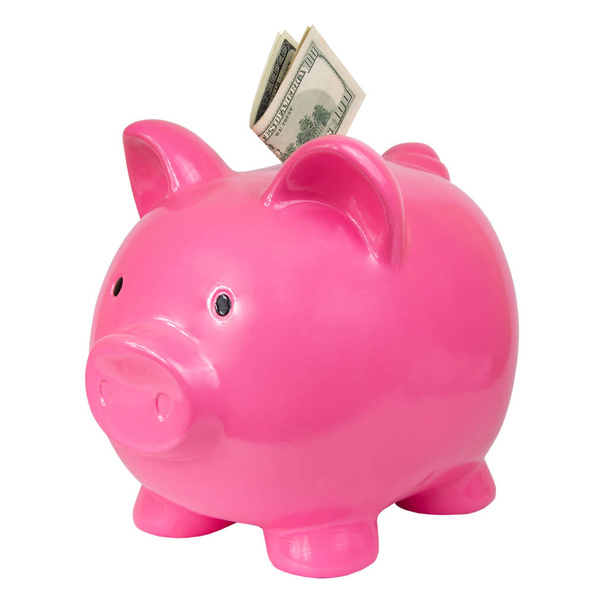 Pink piggy bank ceramic money toy isolated on the white background - Fotó, kép