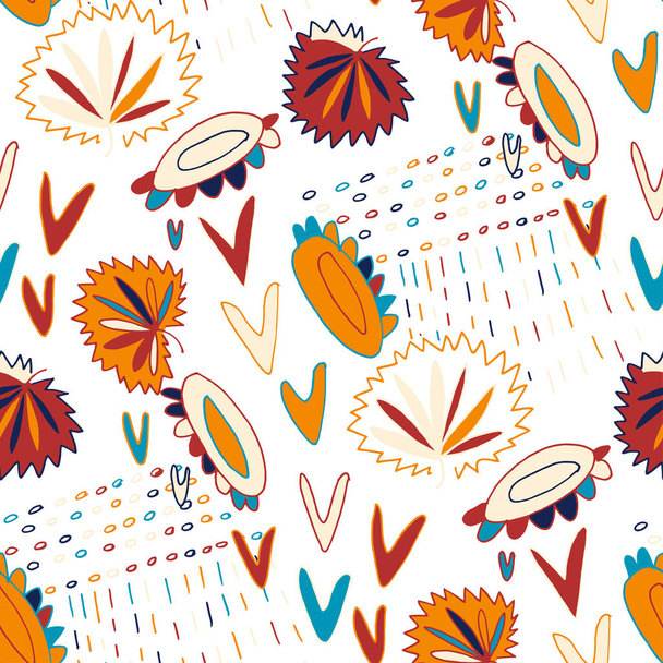 Seamless vector pattern with abstract doodles. Bright summer print. Trendy colorful background. Geometric doodles and leaves. - Vector, Image