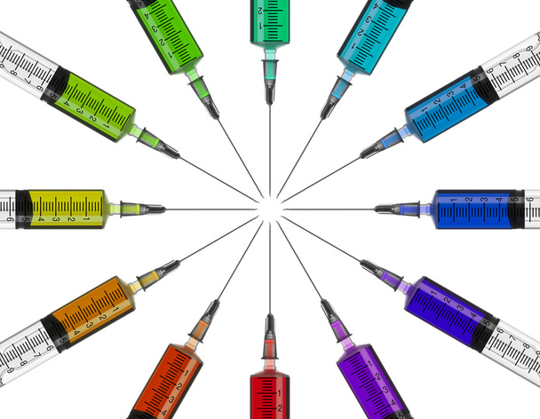 seringas em um círculo com líquido colorido
 - Foto, Imagem