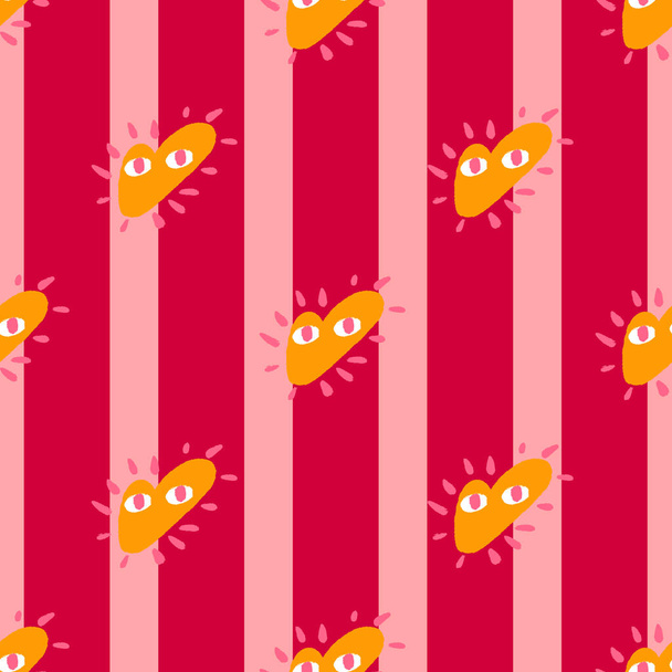 Seamless pattern with orange colored abstract heart ornament. Red and pink striped background. Stock illustration. Vector design for textile, fabric, giftwrap, wallpapers. - Vektor, Bild