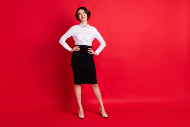 Full length body size photo business woman curious confident looking copyspace isolated on bright red color background - Zdjęcie, obraz