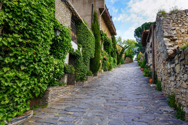 Alte mittelalterliche Dorfhäuser mit steilen engen Gassen und Efeufassaden. Patones de Arriba Madrid. Spanien. - Foto, Bild