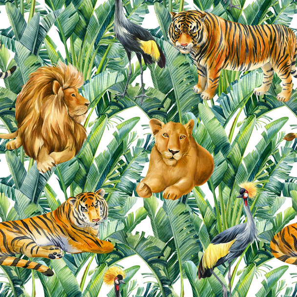 Tigre, lion et grue. Animaux sauvages sur fond tropical. Illustration aquarelle, Modèle sans couture  - Photo, image
