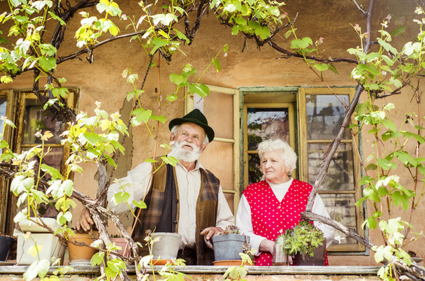 Old couple standing by house - Foto, afbeelding