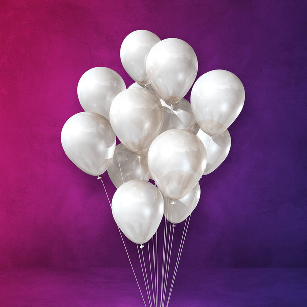 White balloons bunch on a purple wall background. 3D illustration render - Foto, Imagen