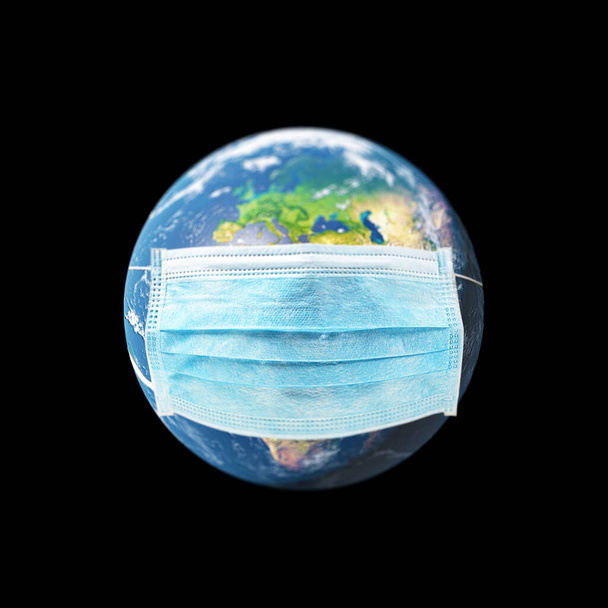 COVID-19, Reise- und Sicherheitskonzept, Globus in medizinischer Maske. Planet Erde mit Schutz. Elemente des Bildes, das von der NASA geliefert wurde. 3D-Illustration - Foto, Bild