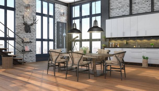 3d rendering van een zolder met grote ramen, een moderne keuken, eettafel en stoelen - lichte eetkamer - Foto, afbeelding
