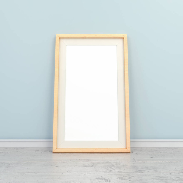 3d representación de un póster con maqueta en blanco en un piso de madera - Foto, imagen