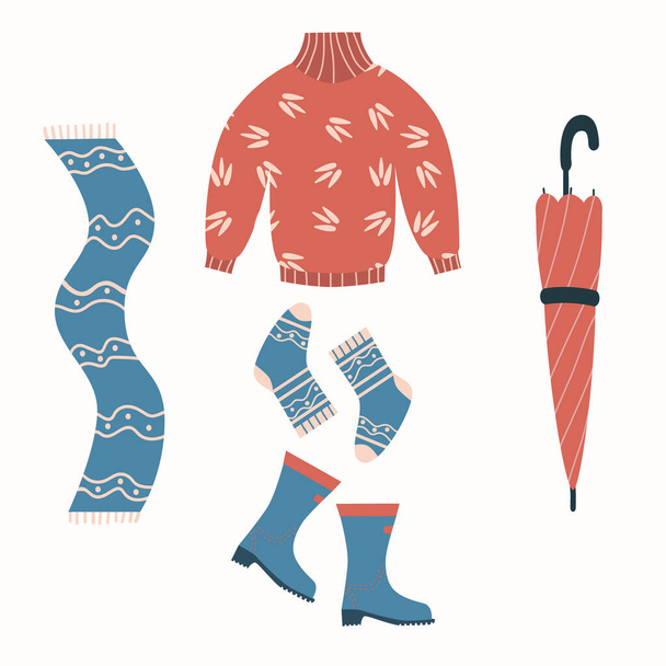 Autumn clothes set with rubber boots, umbrella, socks, sweater and scarf. Cozy vector elements. Flat illustration, isolated on a white background - Vetor, Imagem