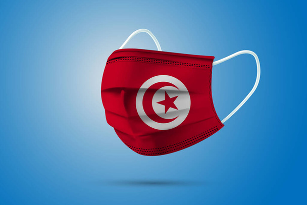 Realistyczna ochronna maska medyczna z flagą narodową Tunezji. Opieka zdrowotna i koncepcja medyczna z flagą. Ilustracja wektora. - Wektor, obraz