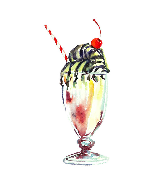 Milkshake with straw and cherry on the top, watercolor hand painted illustration - Foto, immagini