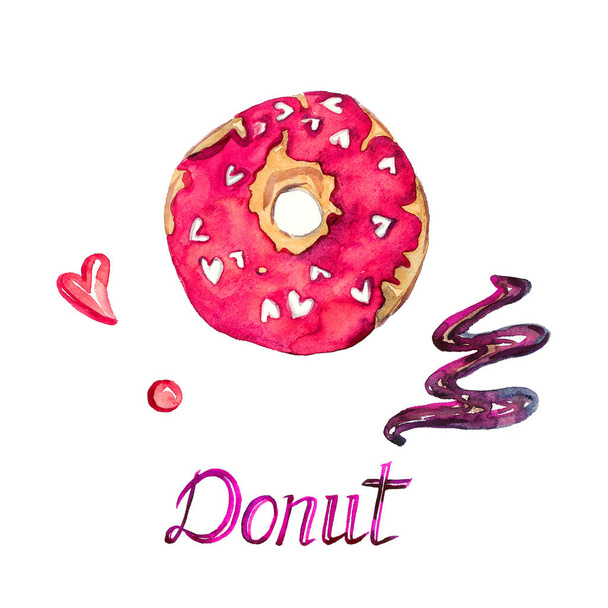 Donut in raspberry glaze with hearts, hand painted watercolor illustration with inscription isolated on white, element for design, top view - Photo, Image