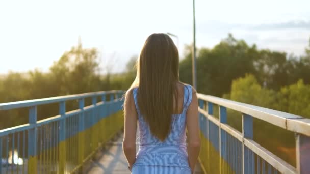 Vista da dietro della giovane donna dai capelli lunghi in abito estivo che cammina all'aperto nel parco serale al tramonto. - Filmati, video