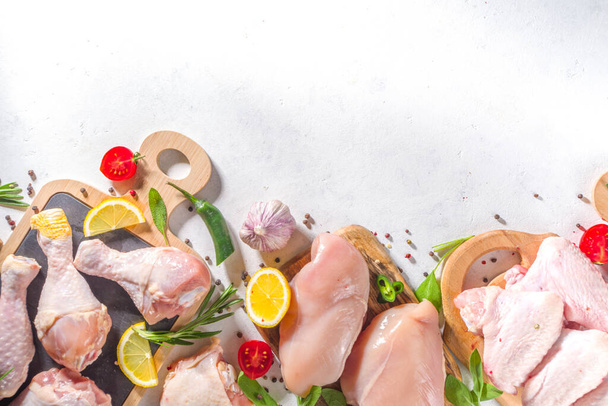 Various raw chicken meat portions. Set of uncooked chicken fillet, thigh, wings, strips and legs on white cooking table background with spices  - Foto, Imagem