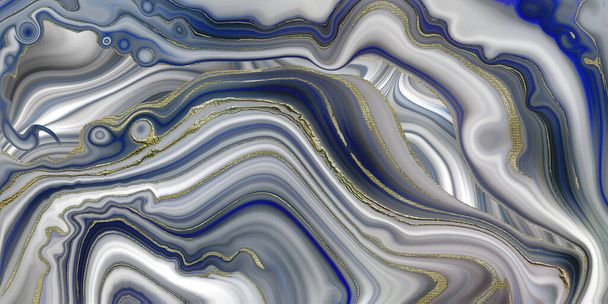 Agate marble stone abstract texture, pastel blue with gold veins. Modern colourful flow marble agate fluid poster. Wave Liquid shape marbled surface. Horizontal illustration - Photo, Image