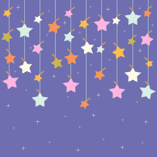 Estrelas guirlandas anexado com varandas para uma corda em um fundo azul - Vetor, Imagem