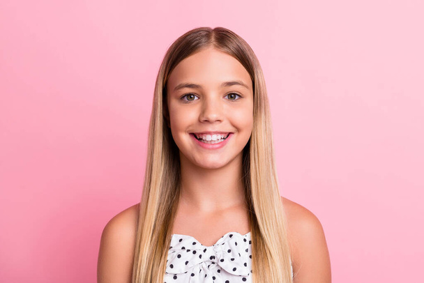 Portrait of cute nice blond girl wear white cloth isolated on pastel pink color background - Valokuva, kuva