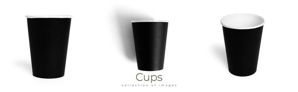 白を基調とした黒使い捨てカップ。紙コップ。コーヒーカップ.  - 写真・画像