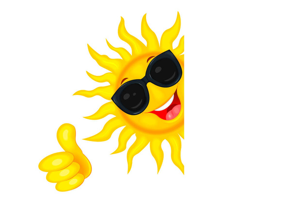 Vrolijke cartoon zon in een bril van de zon. Zon op een witte achtergrond. Lachende zon en een hand met een opgeheven duim omhoog. Goed dan..                                                                                                            - Vector, afbeelding